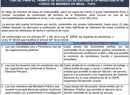 TRAMITE DE SOLICITUD DE EXCUSA Y JUSTIFICACION DE INASISTENCIA AL CARGO DE MIEMBRO DE MESA EN EL EXTRANJERO