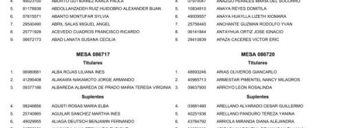 RELACIÓN DE LOS MIEMBROS TITULARES Y SUPLENTES DE LAS MESAS ELECTORALES A INSTALARSE EN WASHINGTON DC