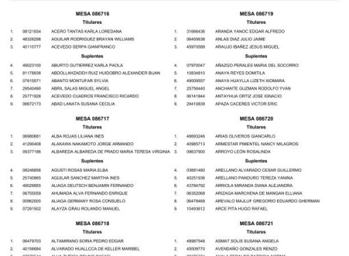 RELACIÓN DE LOS MIEMBROS TITULARES Y SUPLENTES DE LAS MESAS ELECTORALES A INSTALARSE EN WASHINGTON DC