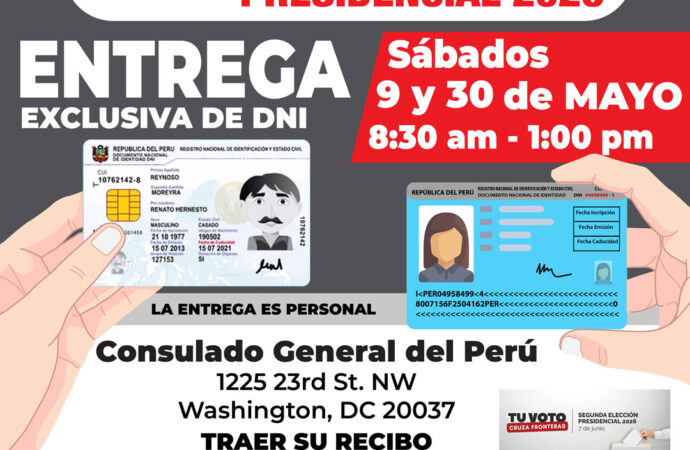 📢 Entrega Exclusiva de DNI en el Consulado General del Perú en Washington DC